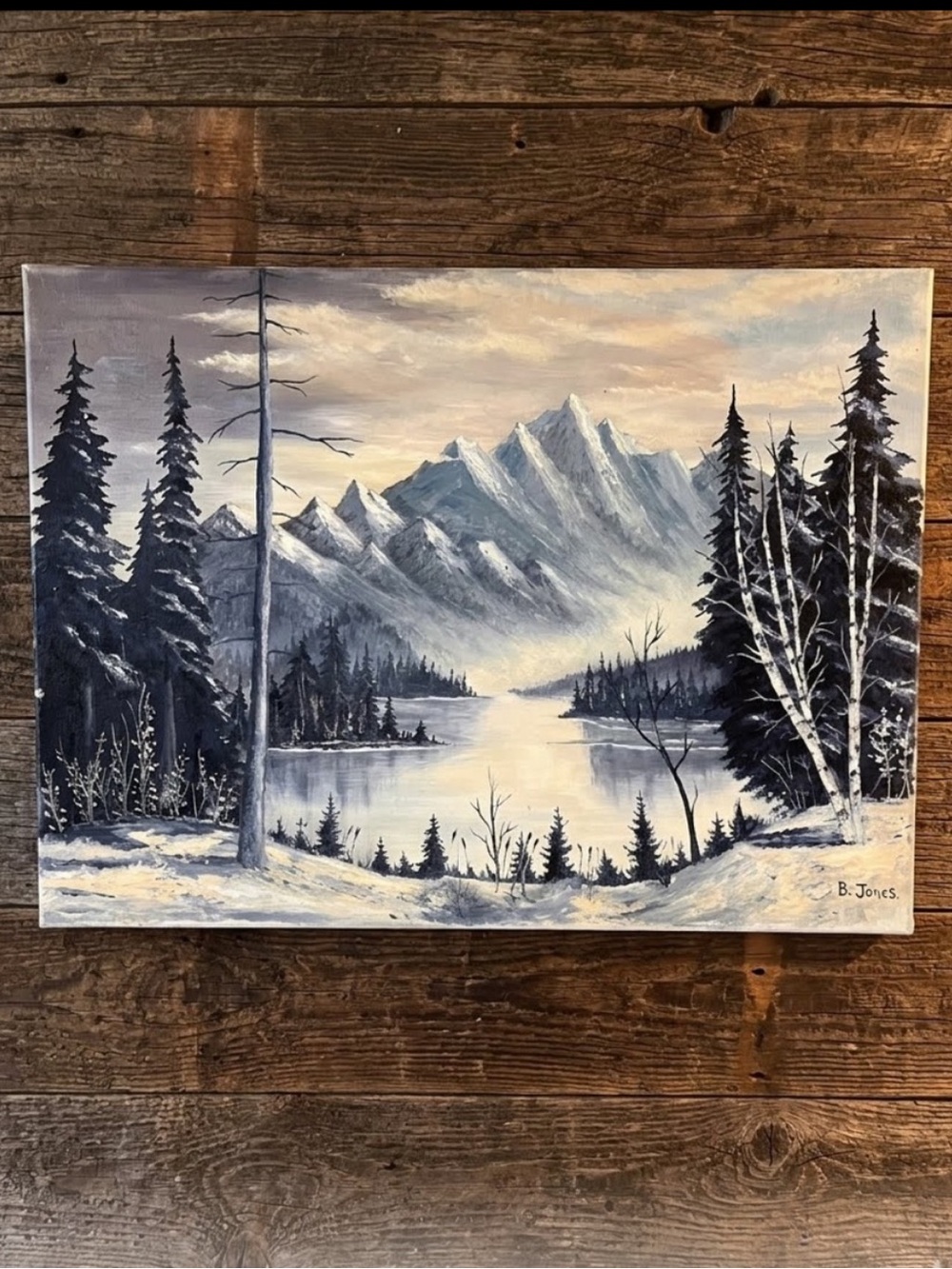 Winter landscape original oil painting 
signed "B. Jones"
Blue Mountain Lake